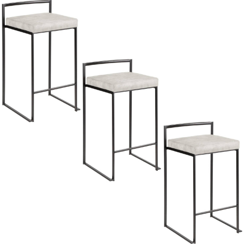 Fuji 26" Stackable Counter Stool in Black Metal & Light Grey Cowboy Fabric (Set of 3)